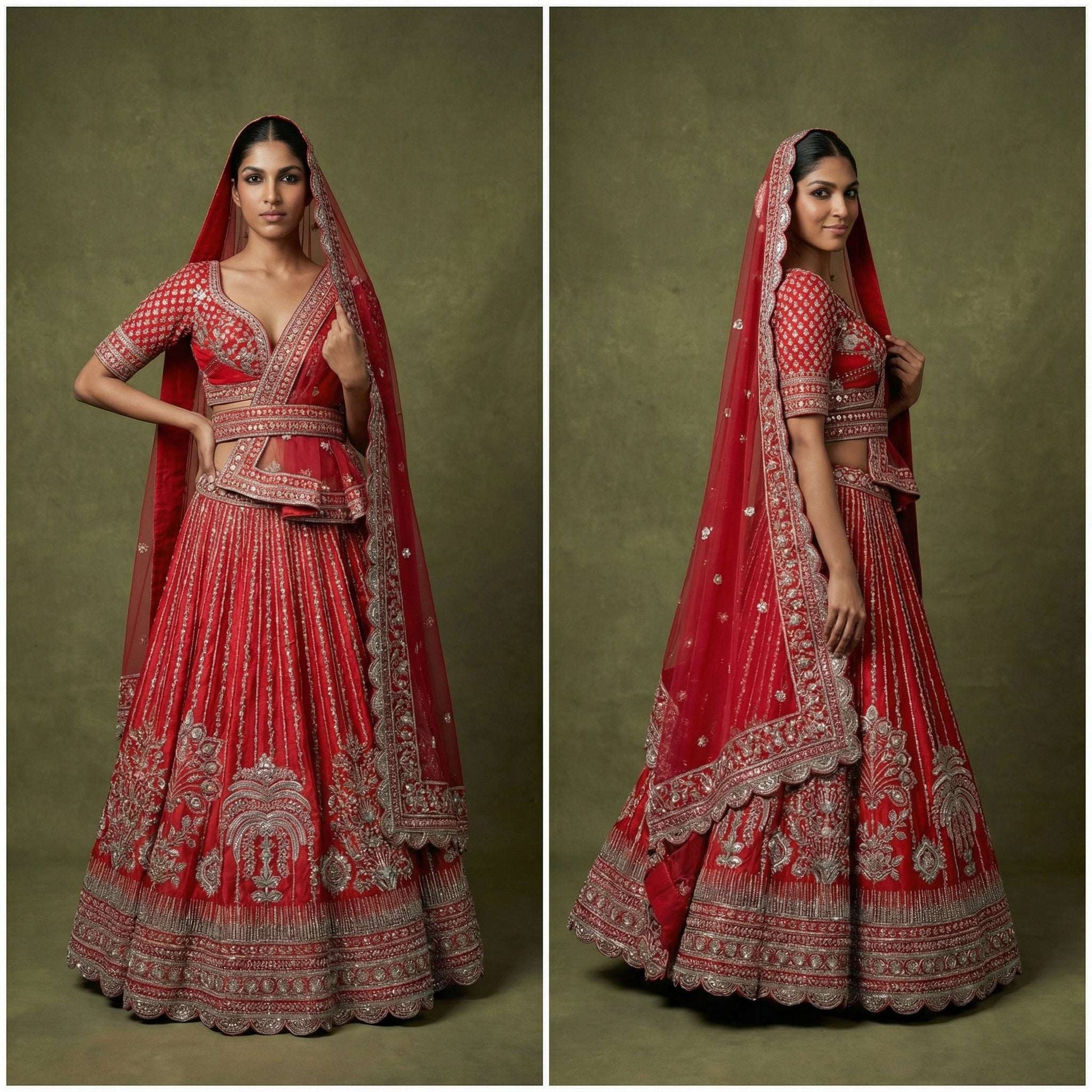 Dulhan in Royal Red Bridal Lehenga : Double Dupatta Raw Silk Flared Lehenga