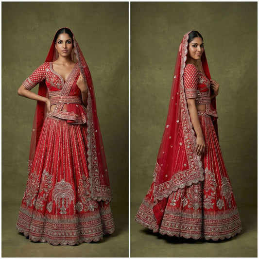 Dulhan in Royal Red Bridal Lehenga : Double Dupatta Raw Silk Flared Lehenga