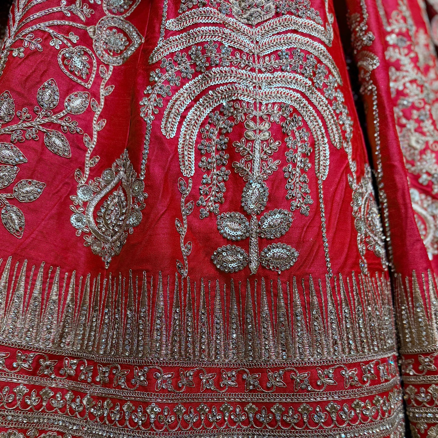 Dulhan in Royal Red Bridal Lehenga : Double Dupatta Raw Silk Flared Lehenga