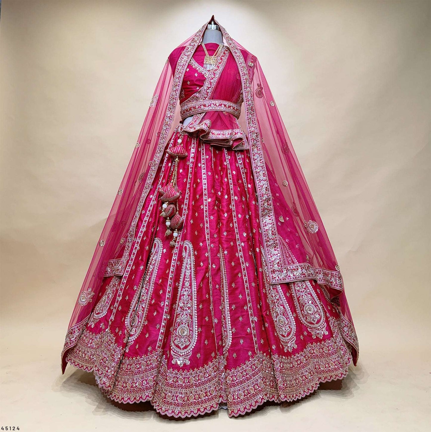 Dulhan in Rani Pink Bridal Lehenga : Double Dupatta Raw Silk Flared Lehenga