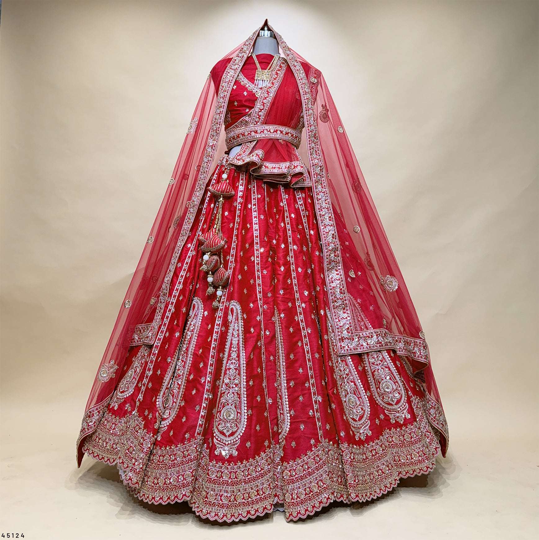Dulhan in Royal Red Bridal Lehenga : Double Dupatta Raw Silk Flared Lehenga