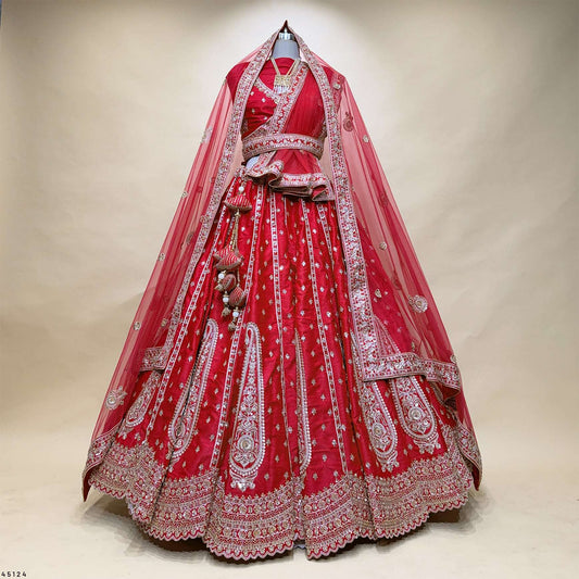 Dulhan in Royal Red Bridal Lehenga : Double Dupatta Raw Silk Flared Lehenga