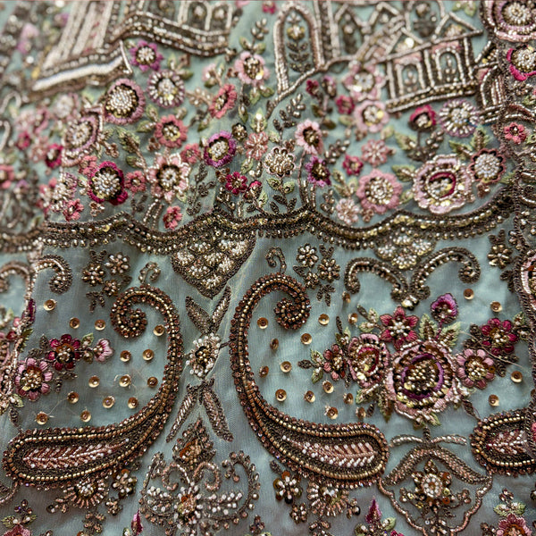 Embroidered sage green net bodice with colorful beadwork, sequins, and paisley motifs