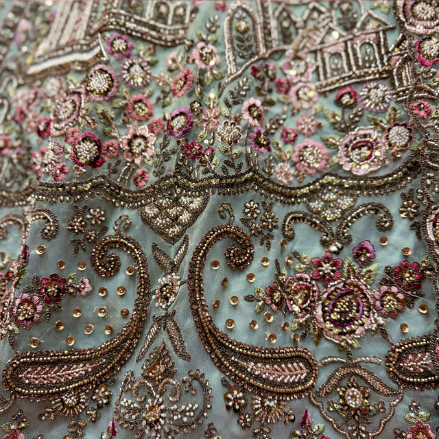 Embroidered sage green net bodice with colorful beadwork, sequins, and paisley motifs
