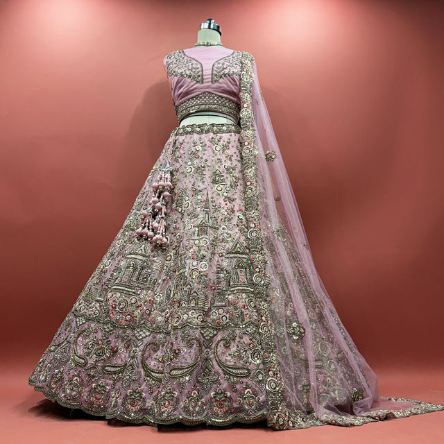 Lilac net bridal lehenga with ornate palace embroidery, full skirt and dupatta