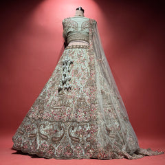 Sage green net bridal lehenga with ornate palace embroidery and matching sheer dupatta