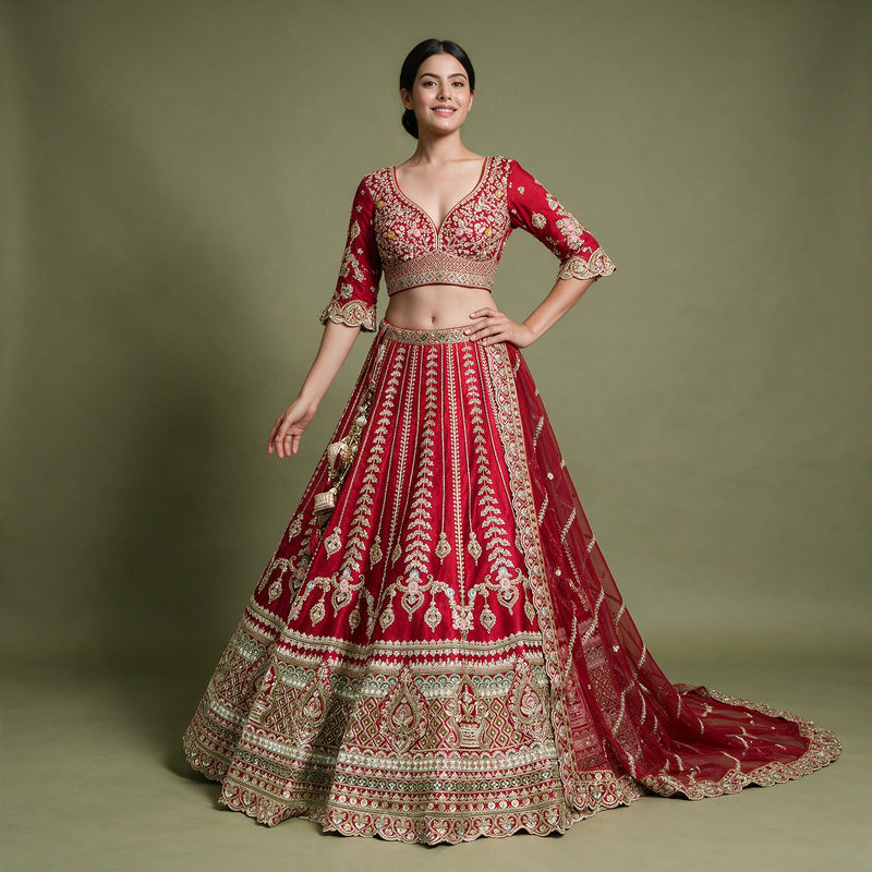 Amrapali - Red Raw Silk Leaf Vine and Tiered Hem Bridal Lehenga with Double Net Dupatta