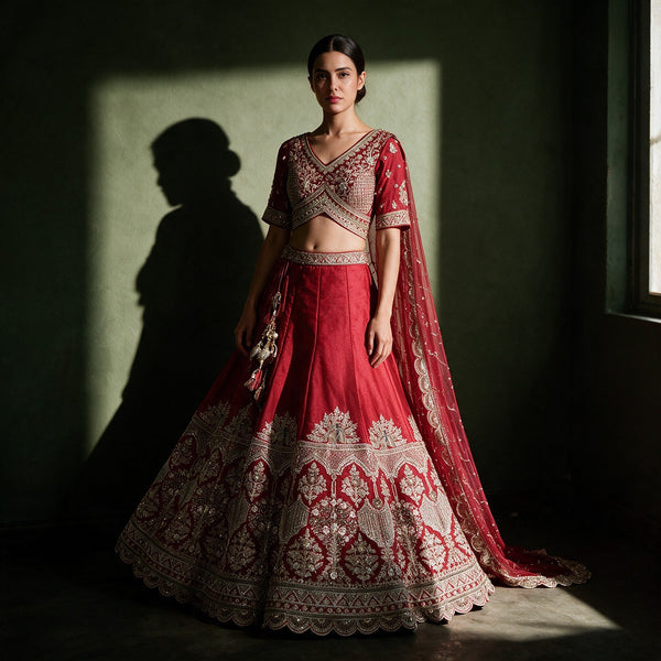 Amrapali - Red Raw Silk Peacock Fan and Floral Arch Hem Bridal Lehenga with Double Net Dupatta