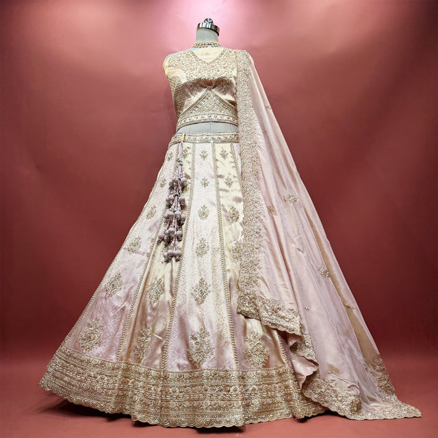 Varnali - Baby Pink Viscose Silk & Banarasi Alternating Kali Lehenga