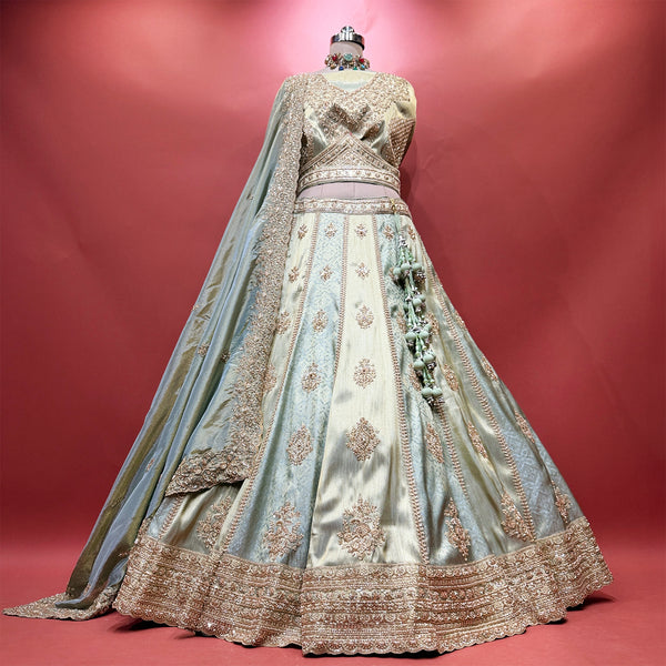 Varnali - Pista Viscose Silk & Banarasi Alternating Kali Lehenga