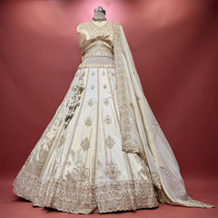 Varnali - Ivory Viscose Silk & Banarasi Alternating Kali Lehenga