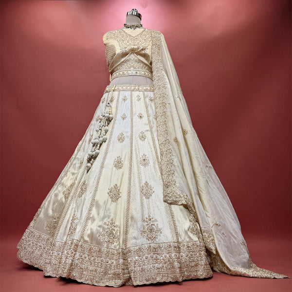Varnali - Ivory Viscose Silk & Banarasi Alternating Kali Lehenga