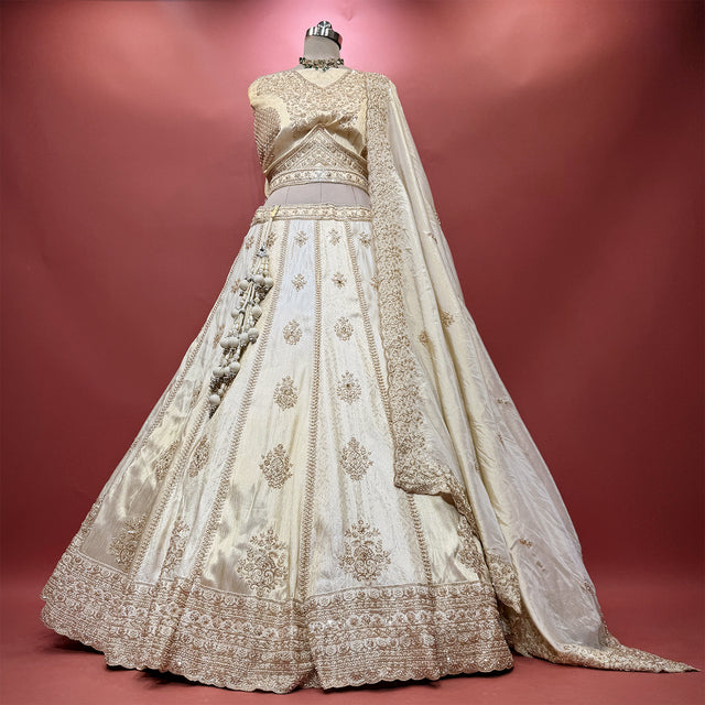 Varnali - Ivory Viscose Silk & Banarasi Alternating Kali Lehenga