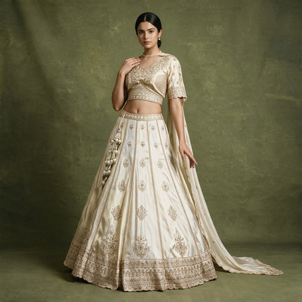 Varnali - Ivory Viscose Silk & Banarasi Alternating Kali Lehenga