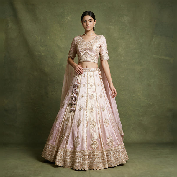 Varnali - Baby Pink Viscose Silk & Banarasi Alternating Kali Lehenga