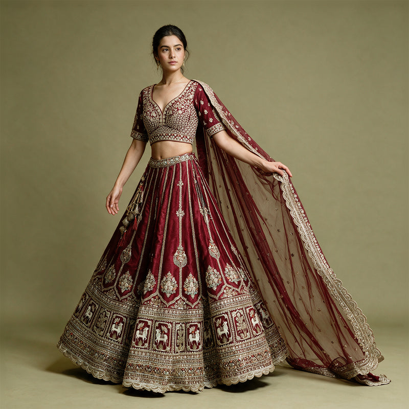 Amrapali - Maroon Raw Silk Cow Motif Bridal Lehenga with Double Net Dupatta