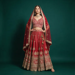 Red bridal lehenga with gold motifs, cow border, and double net dupatta