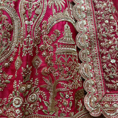Amrapali - Rani Pink Raw Silk Bridal Lehenga with Elephant Procession Embroidery