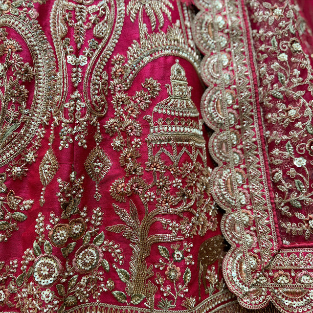 Amrapali - Rani Pink Raw Silk Bridal Lehenga with Elephant Procession Embroidery