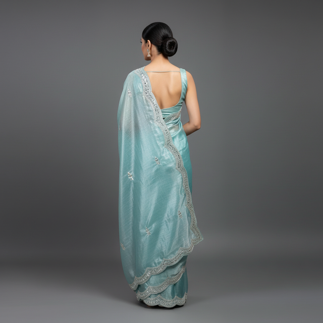 Powder blue saree with silver mirrorwork border and embroidered motifs, draped on model