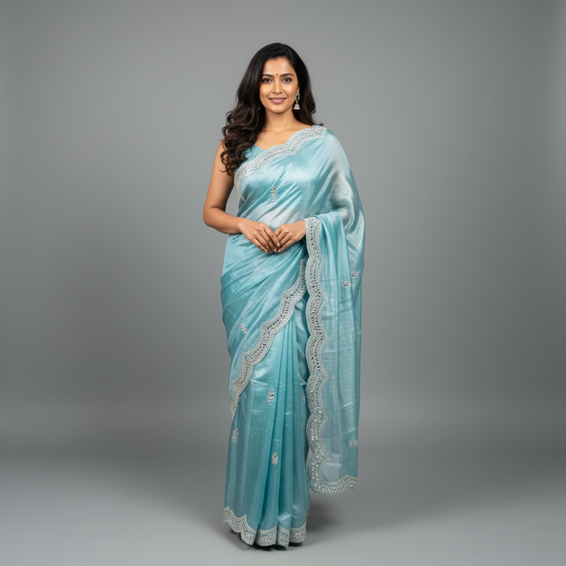 Powder blue saree with scalloped silver border, mirrorwork details, front drape
