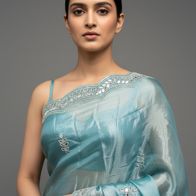 Powder blue saree close-up with silver mirrorwork neckline and leaf motifs