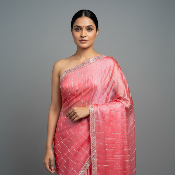 Pink party saree with silver border and subtle geometric weave, one-shoulder drape