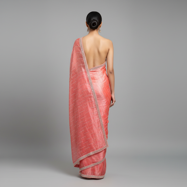 Pink tissue saree with patterned back drape and shimmering silver border