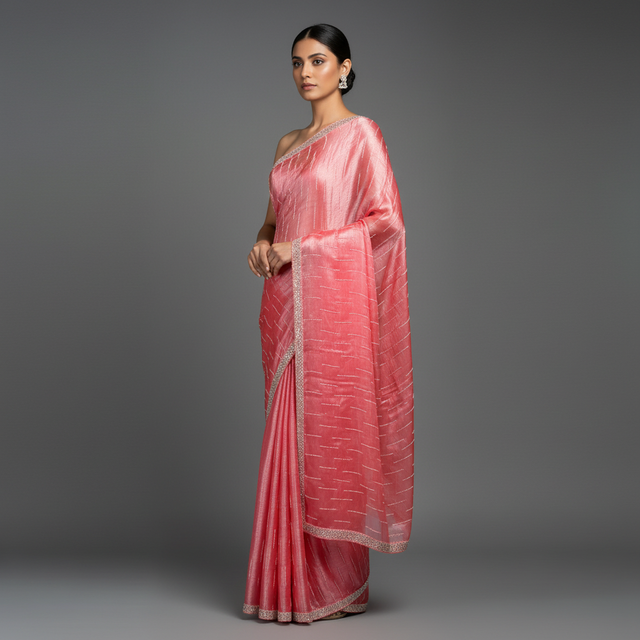 Pink tissue saree with patterned body, shimmering pallu border and pleated fall