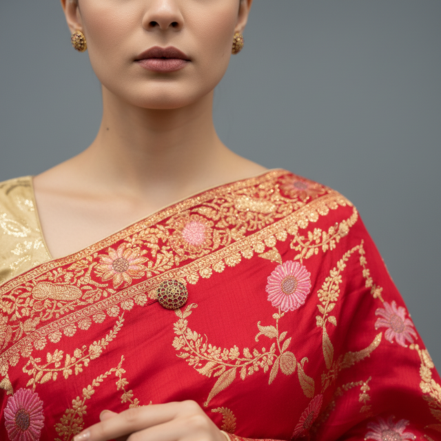 Red saree with gold zari pallu and embroidered floral patterns, close-up
