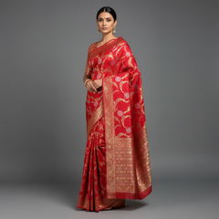 Red woven saree with golden zari pallu border and floral motifs, full drape on model