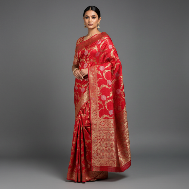 Red woven saree with gold zari border and all-over floral zari work