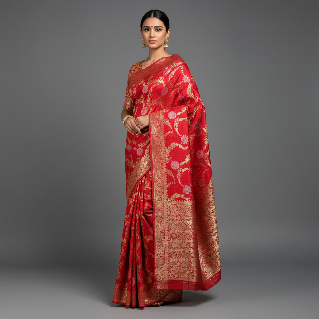 JMS Studio Woven Red Kanjivaram Style Saree with Golden Zari