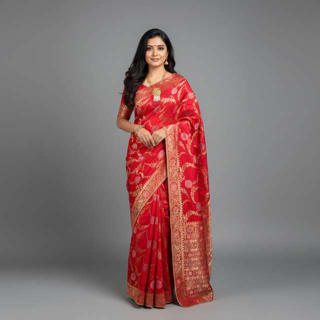 Red woven saree with gold zari border and floral motifs, draped