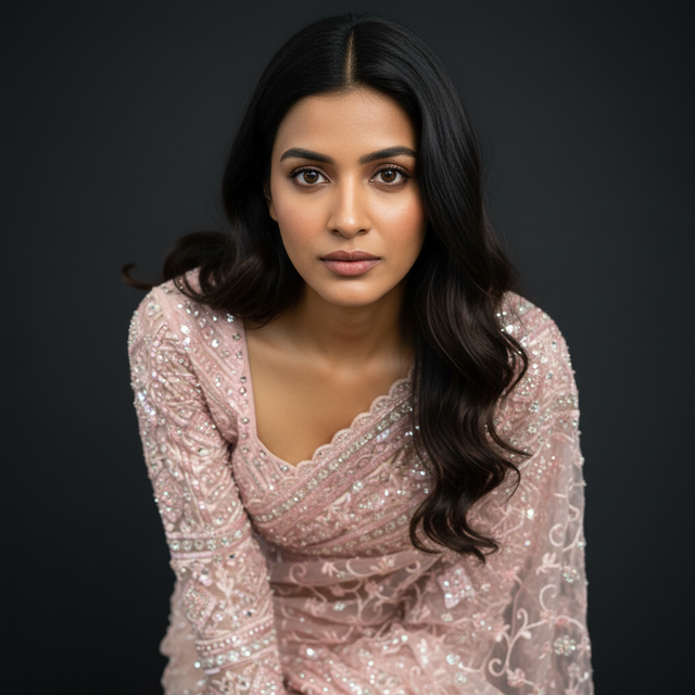 Light pink net saree blouse with V-neck and sequin floral motifs