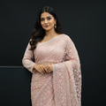 Light pink net saree with ornate sequin embroidery and lace border drape