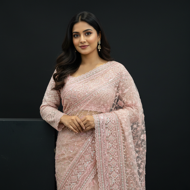Light pink net saree with ornate sequin embroidery and lace border drape