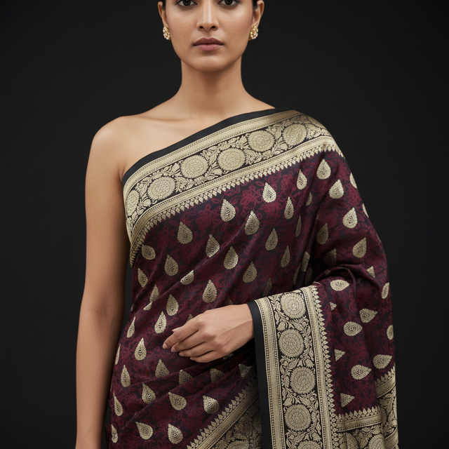 Maroon saree with gold zari border and woven patterned pallu, one-shoulder drape