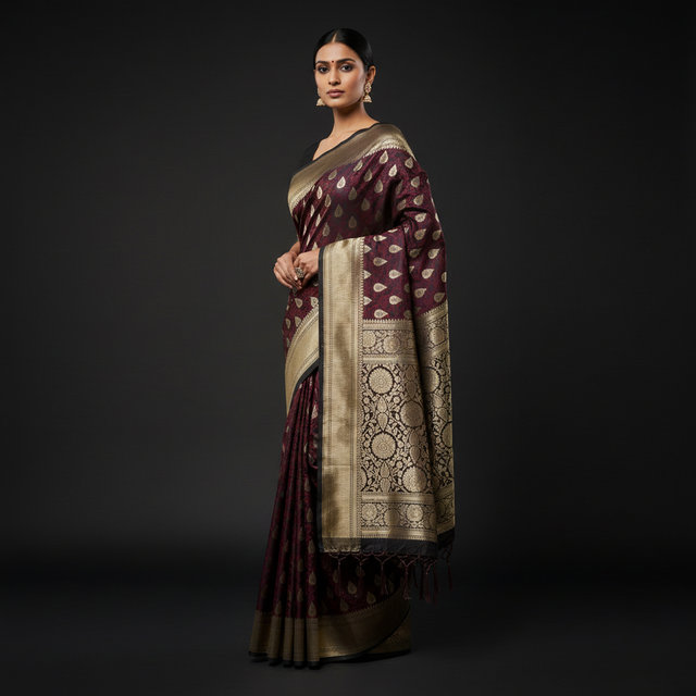 Maroon Kanjivaram-style saree with wide gold zari pallu and tassel-trimmed border drape