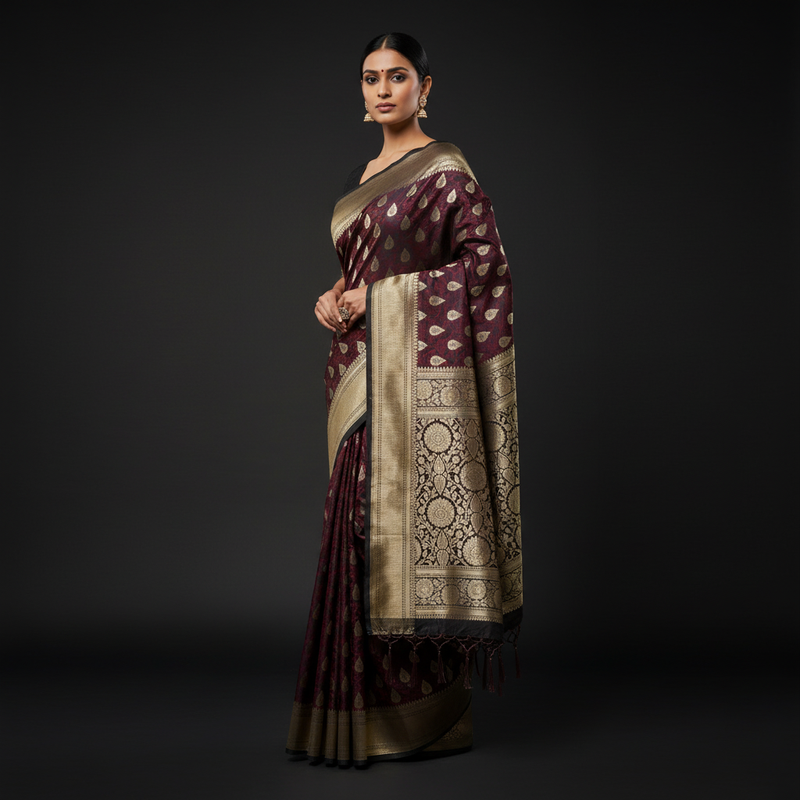 Maroon woven saree with gold zari border and scattered gold motifs, tasselled end