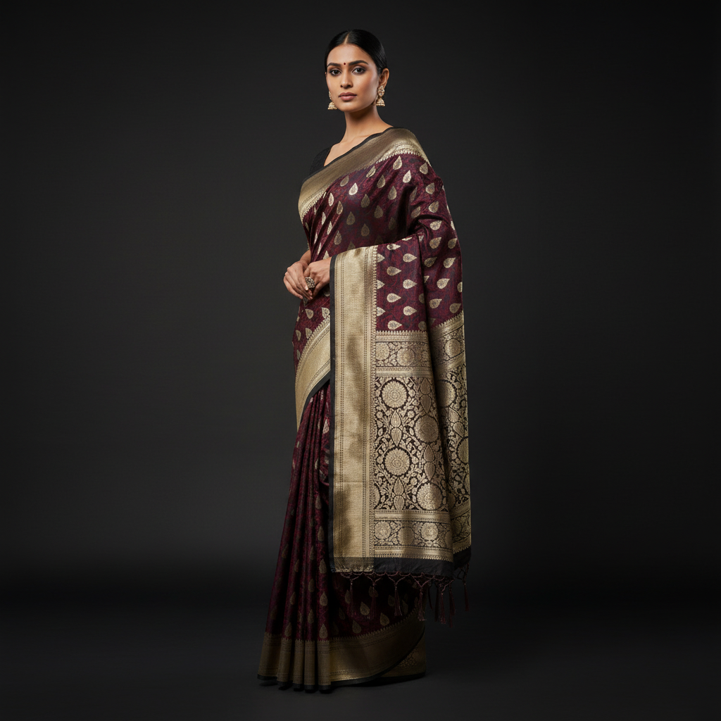 JMS Studio Woven Maroon Kanjivaram Style Saree with Golden Zari