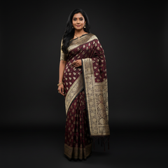 Maroon woven saree with wide gold zari pallu, circular motifs, and tassels
