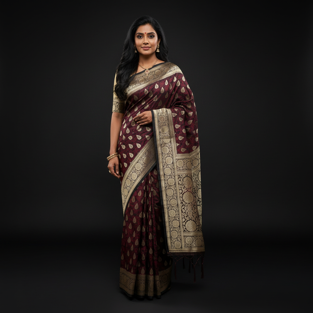 Maroon saree with gold woven pallu panel and all-over leaf pattern, fringe at hem