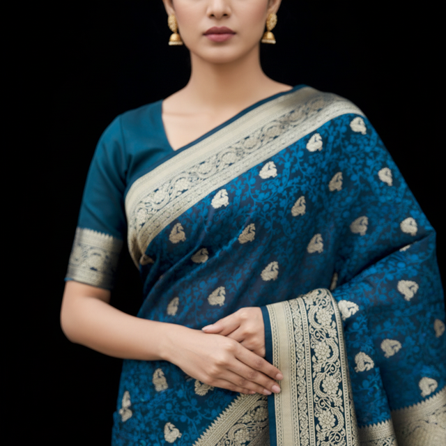 Blue saree with gold zari border, woven motifs and paisley pattern close-up