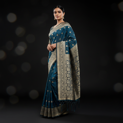 Blue saree with broad gold zari border and woven geometric motifs, tassel pallu