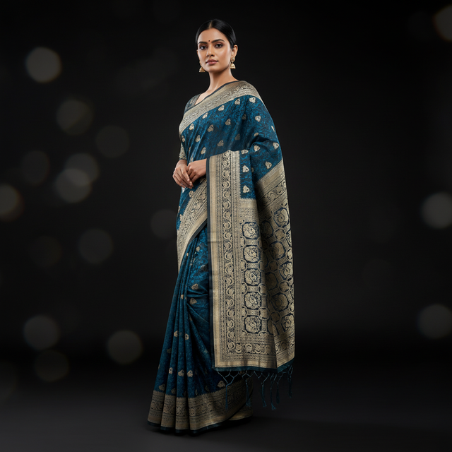 Blue woven saree with gold zari border and patterned pallu, fringe end