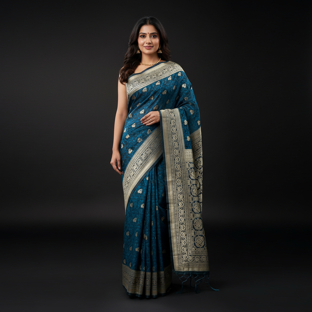Blue woven saree with gold zari border and detailed patterned end, draped view