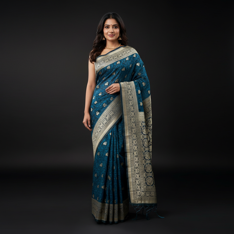 Blue Kanjivaram-style saree with gold zari border and patterned pallu drape