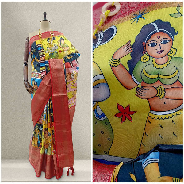 Multicolor silk saree with yellow field, red border, and illustrated figures pattern