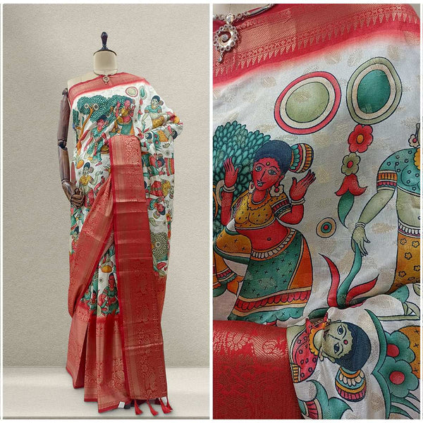 Silk saree with teal, blue and red border, featuring illustrated mythic figures and animals.
